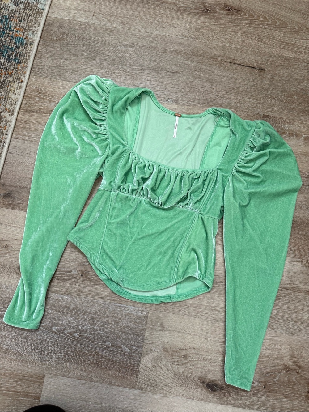 Free People Green Velvet Ruched Square-Neck Women's Top